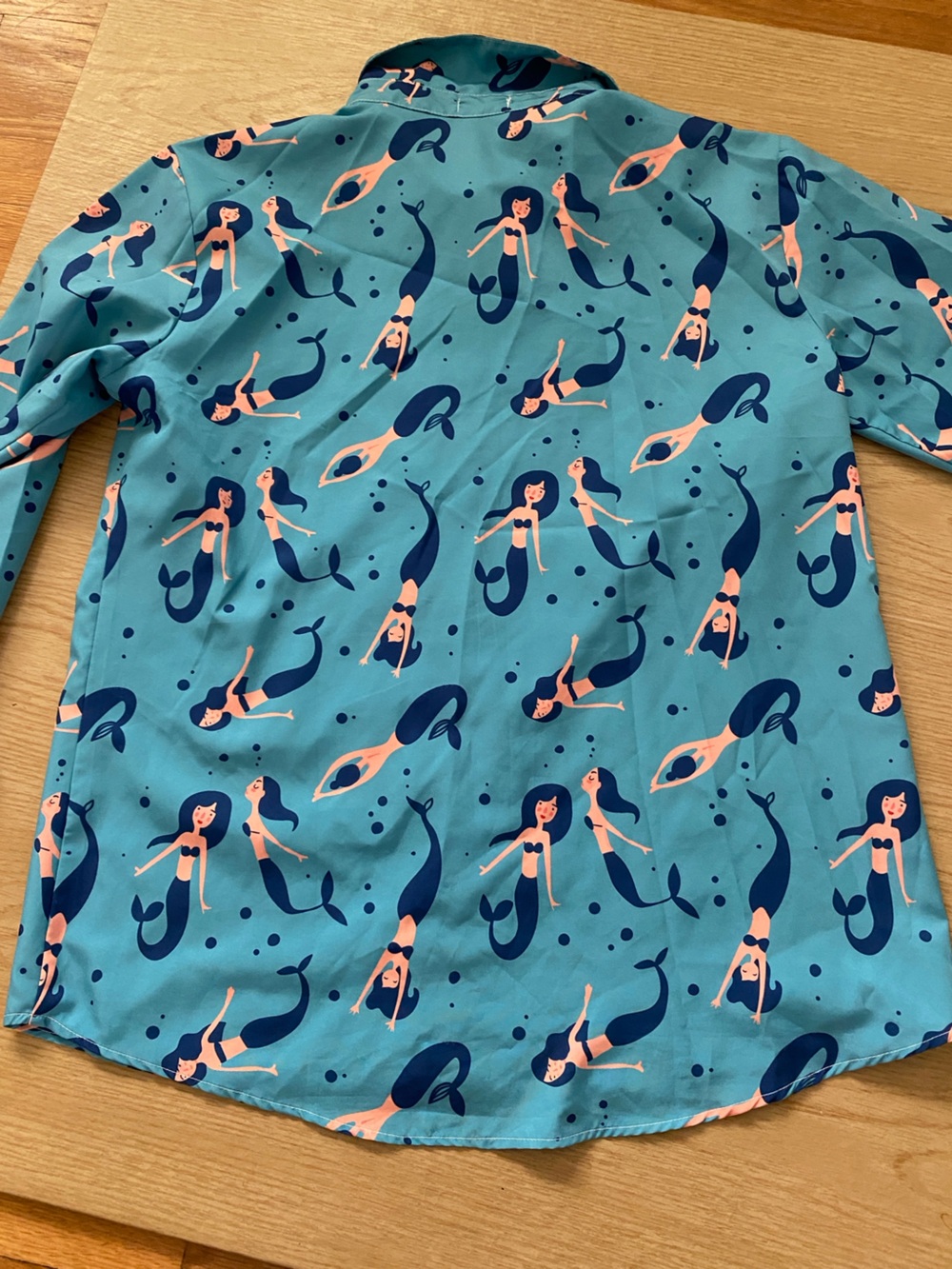 JAMMY JOB  Beach Vacation Mermaid Print Button-Up SHIRT Teal & Navy Large
